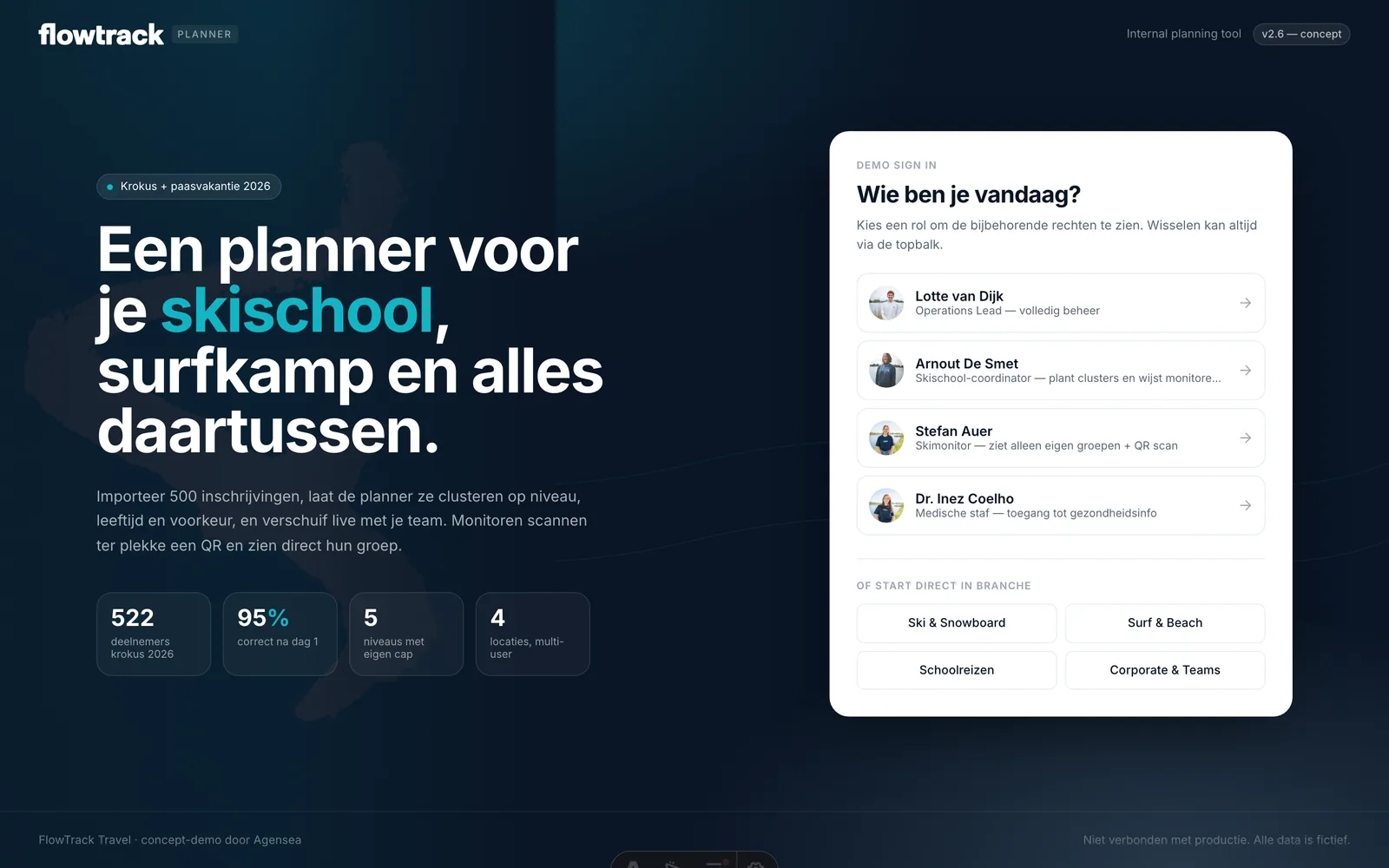 Concept-website FlowTrack, startpagina