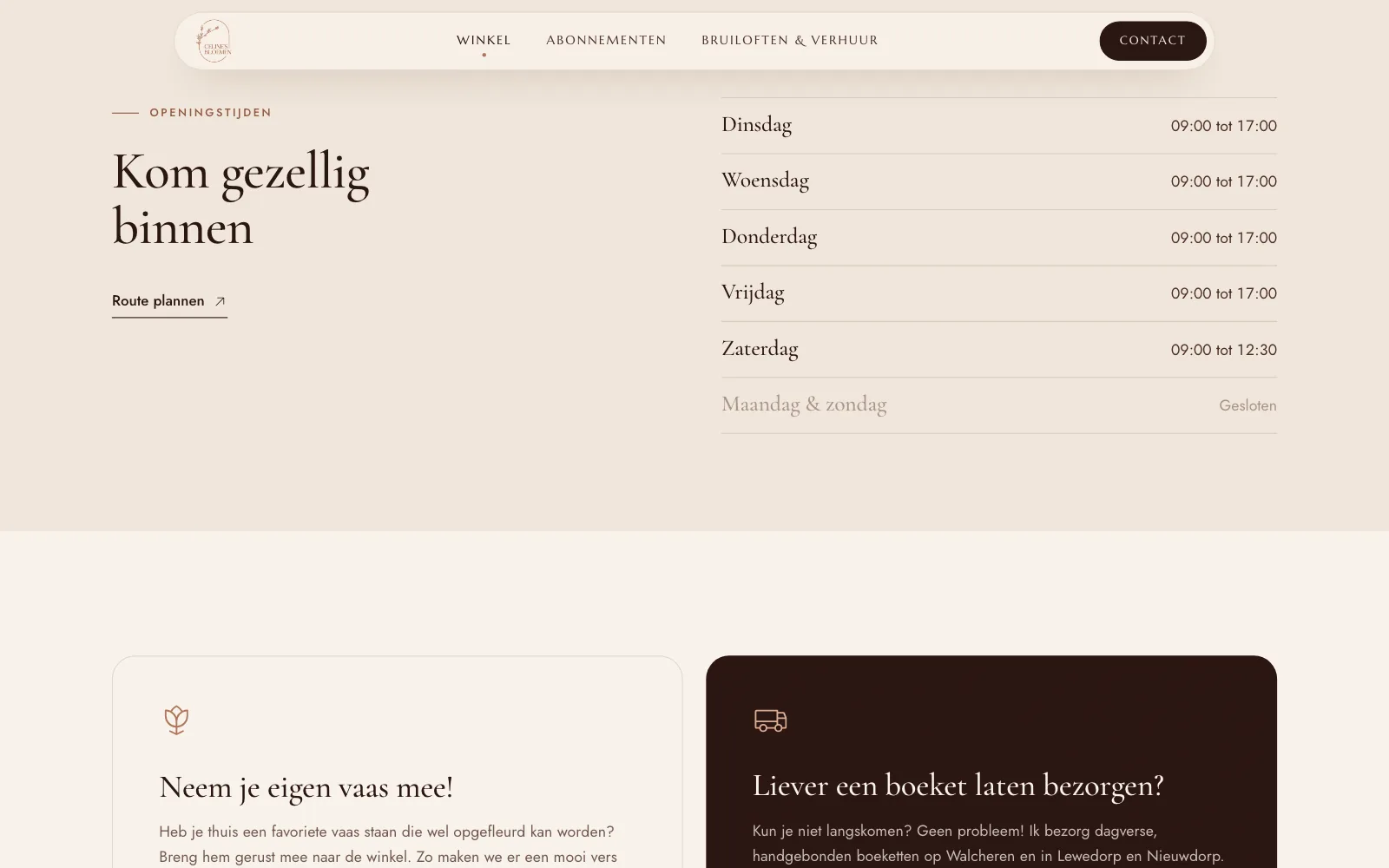 De openingstijden op de winkelpagina van Celine's Bloemen, met een knop om je route te plannen