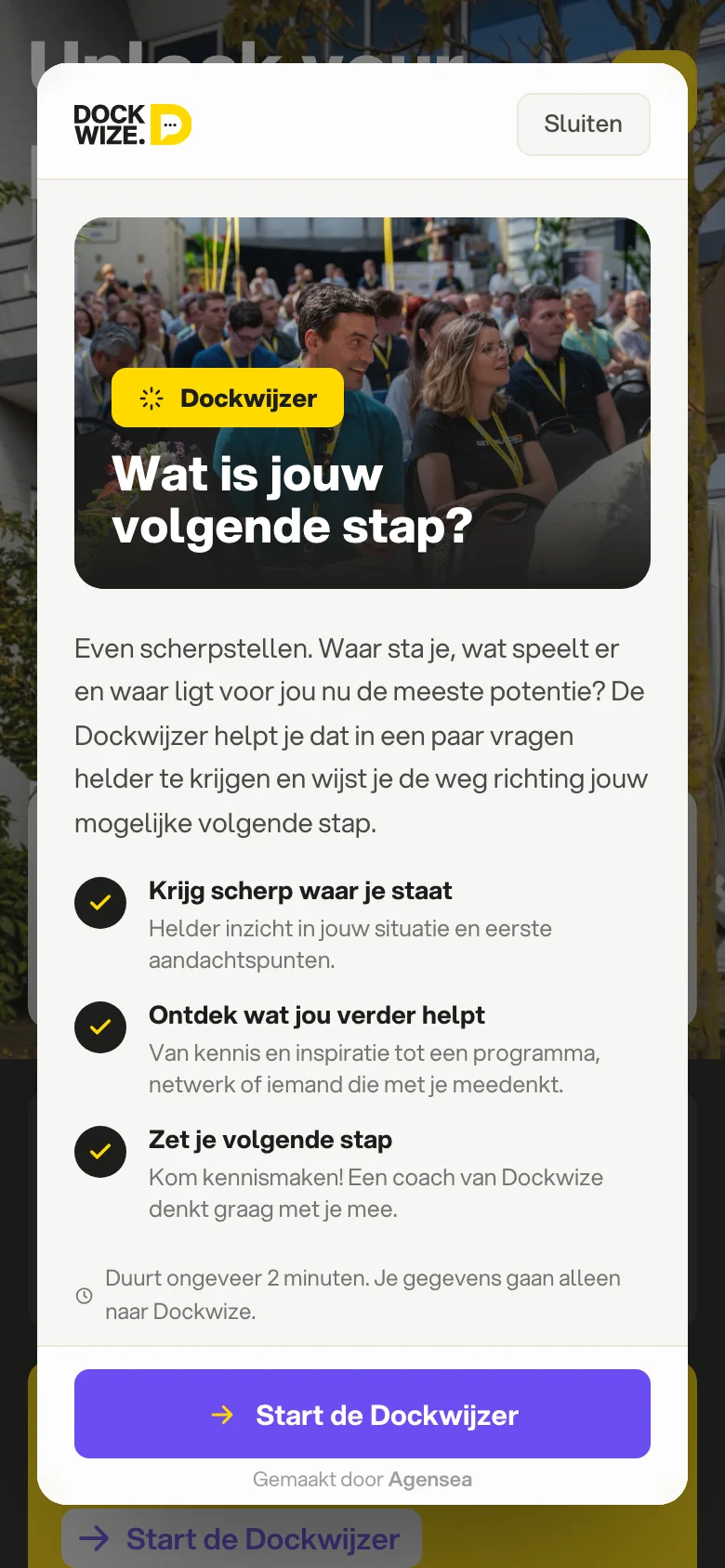 De Dockwijzer, geopend als popup op de homepage van dockwize.nl