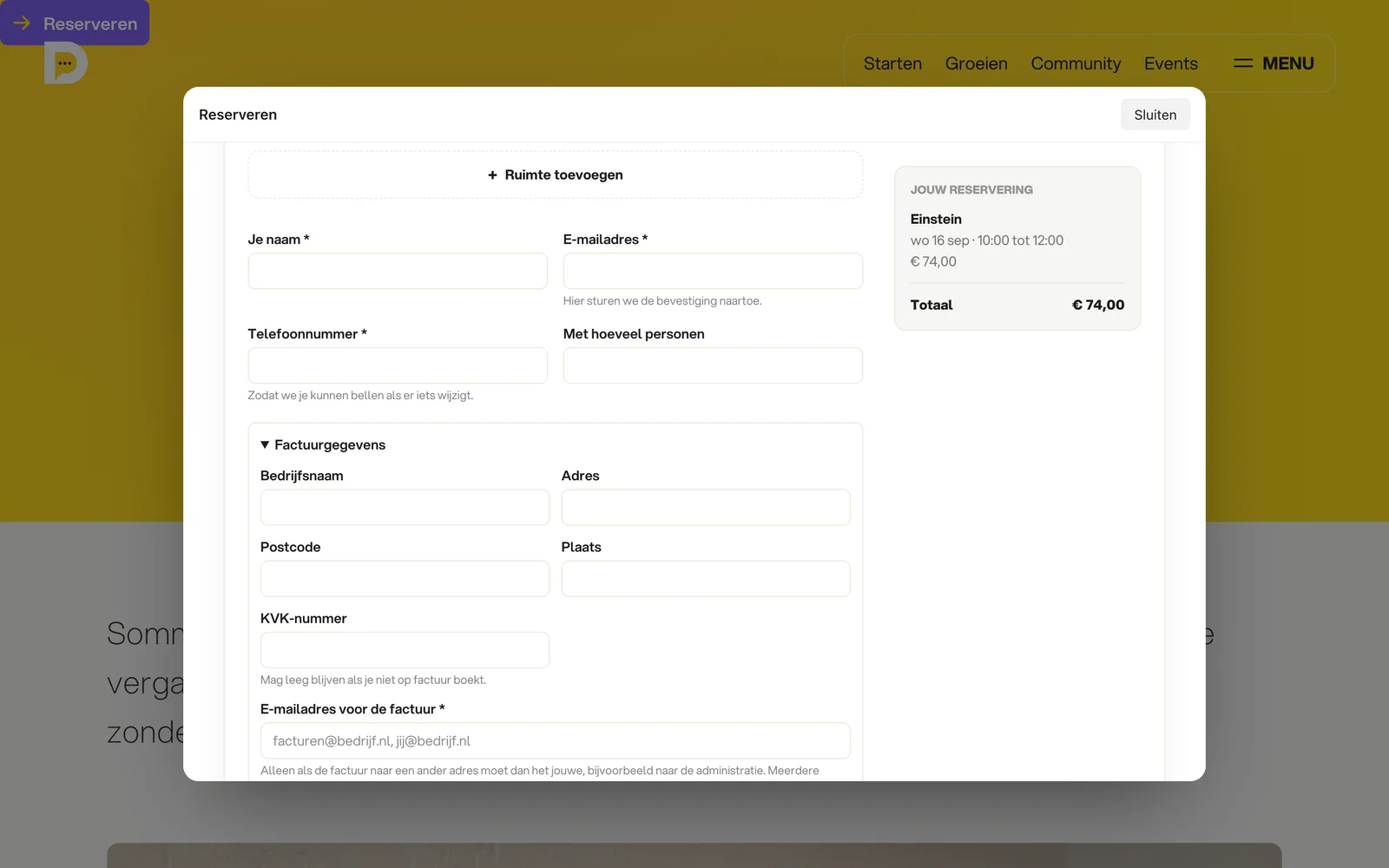 Het reserveerformulier onder de kalender, met het gekozen tijdvak en de prijs