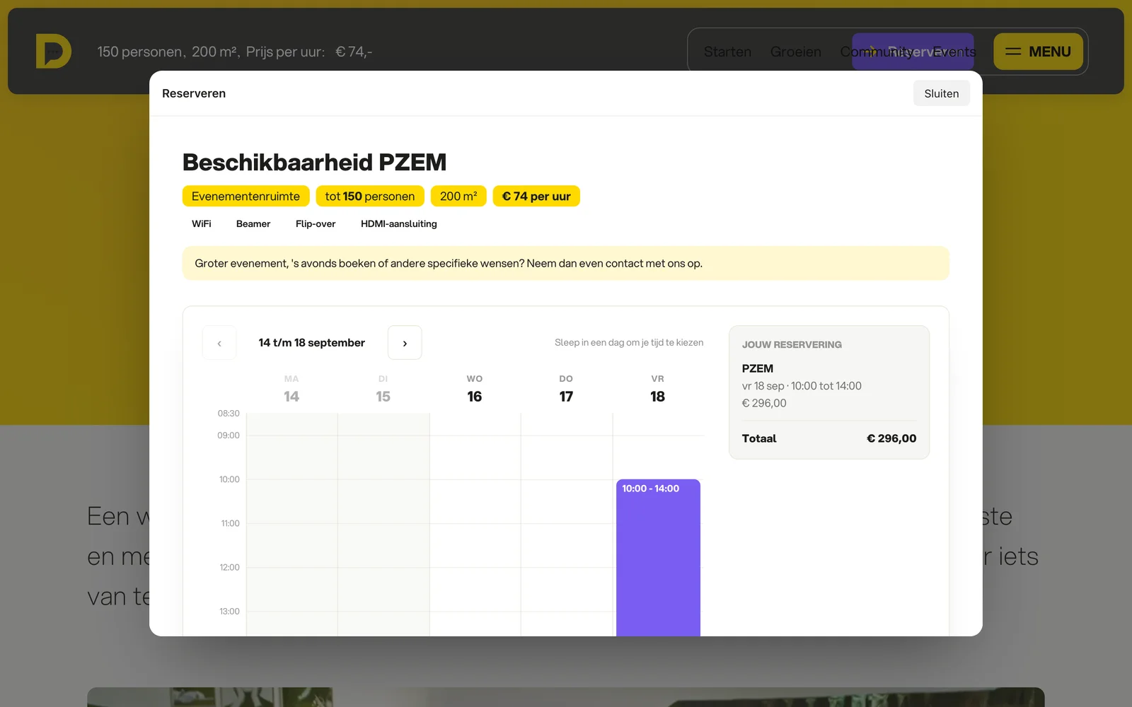 De beschikbaarheid van vergaderruimte PZEM als popup op dockwize.nl
