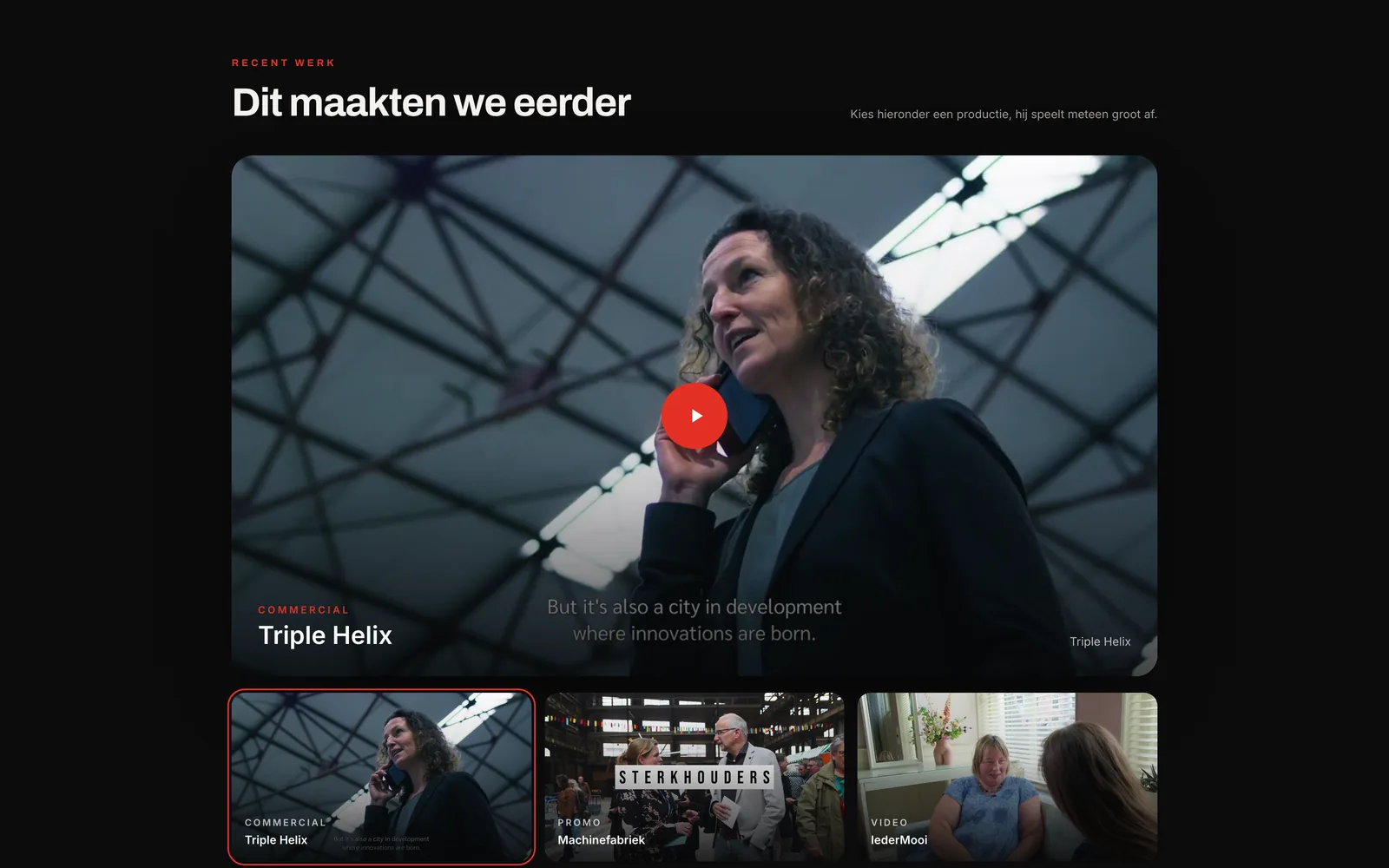 Recent werk op de site van Mighty Impulse Media: een groot venster met de producties eronder