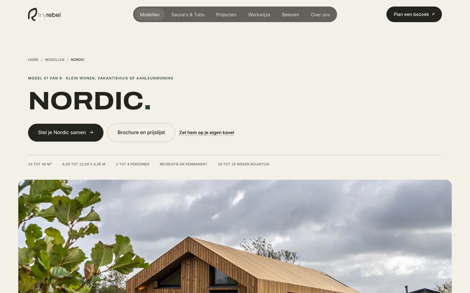 De pagina van de Nordic, met de knoppen naar de samensteller, de brochure en je eigen kavel