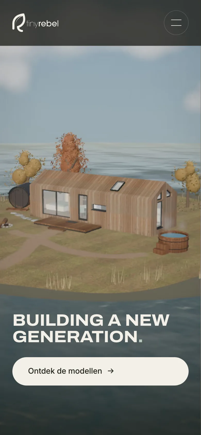 De homepage van Tiny Rebel: een tiny house in 3D met sauna en hottub, onder de kop Building a new generation